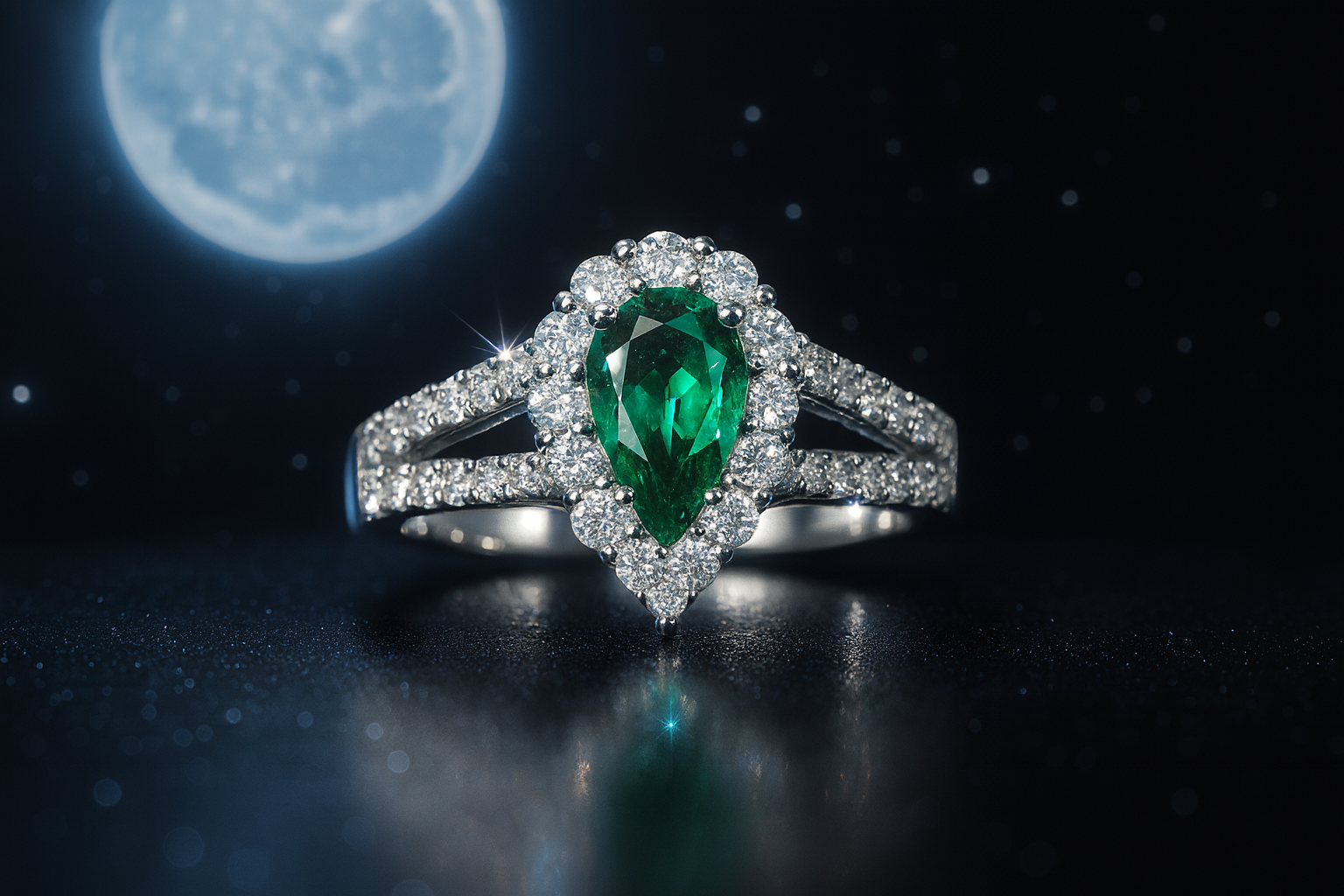 Moonlight Green Emerald Pear Halo Ring Mockup