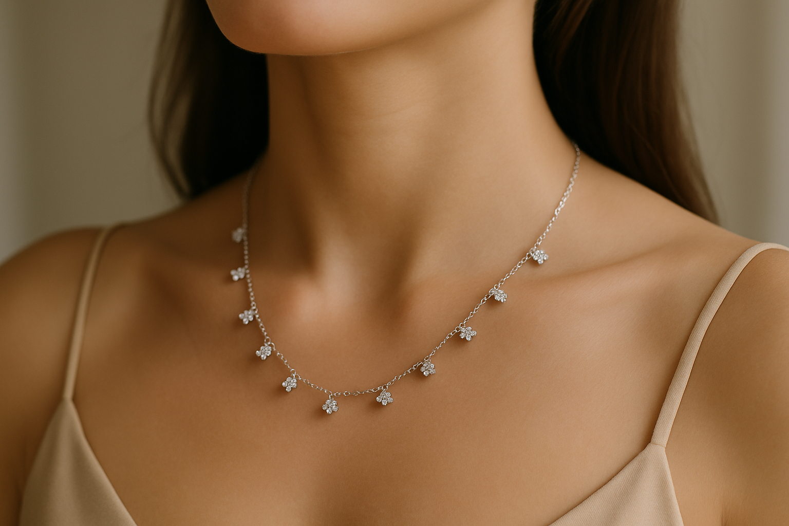 Elegant woman wearing crystal flower necklace