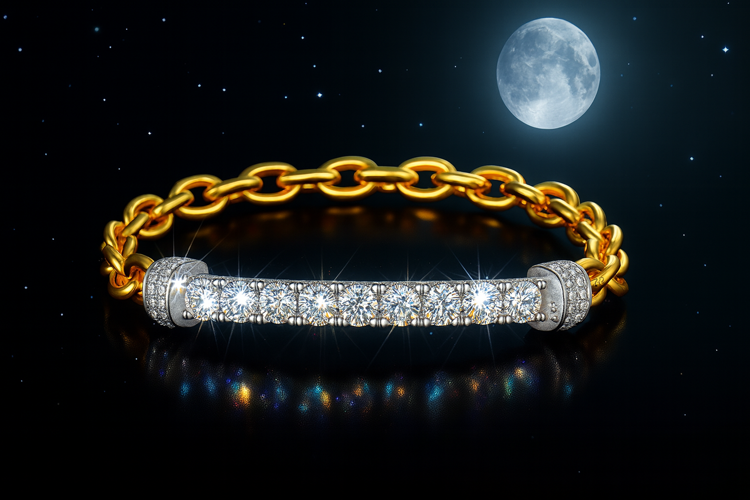 Moonlight Gold Chain Moissanite Bar Ring Mockup