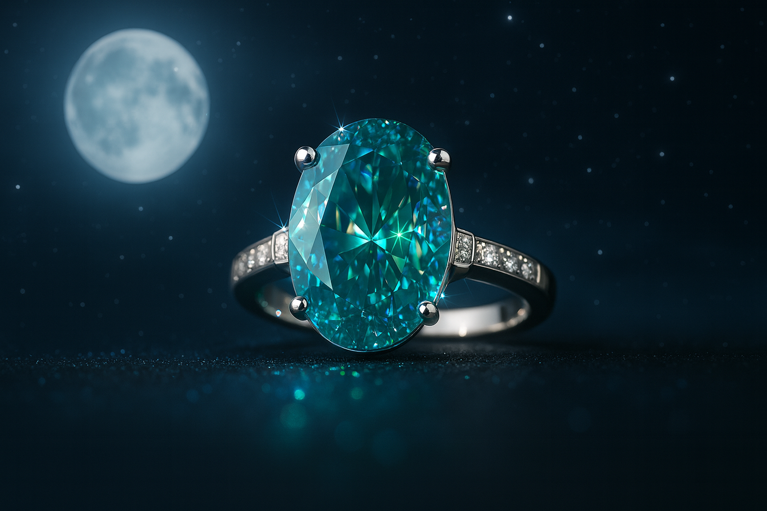 Moonlight Large Oval Teal Moissanite Ring Mockup