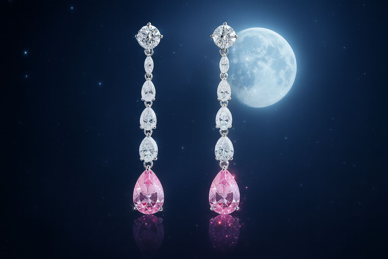 Moonlight Long Cascading Pink Diamond Drop Earrings Mockup